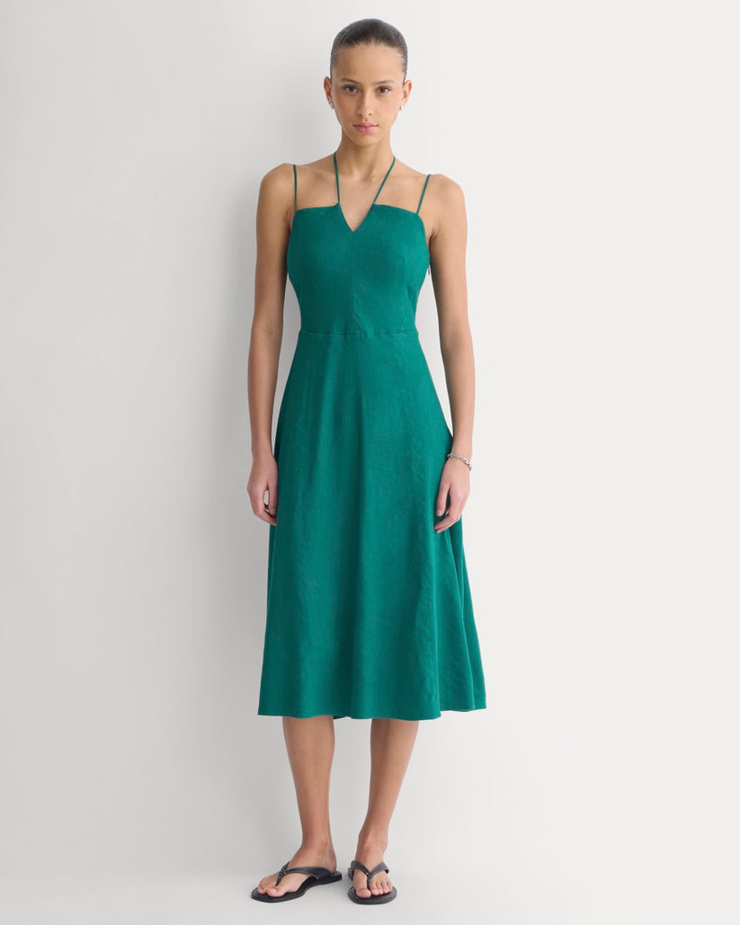 Tie-Neck Dress in Stretch Linen